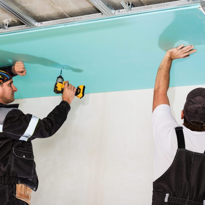 Plasterboard installers. Men assembling a drywall false ceiling.Simple and affordable renovation of premises